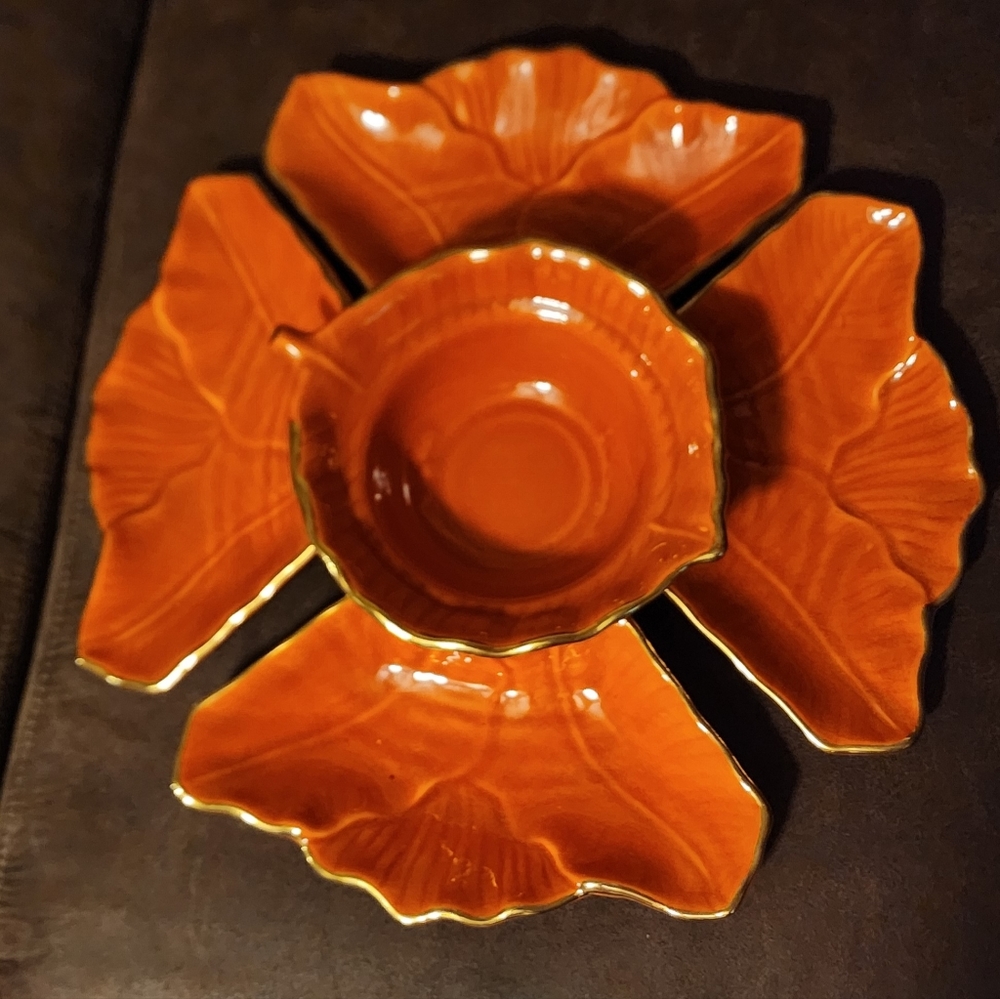 Vintage Orange Leaf Gold Trim Bowl & 4 Serving Plates USA California M700